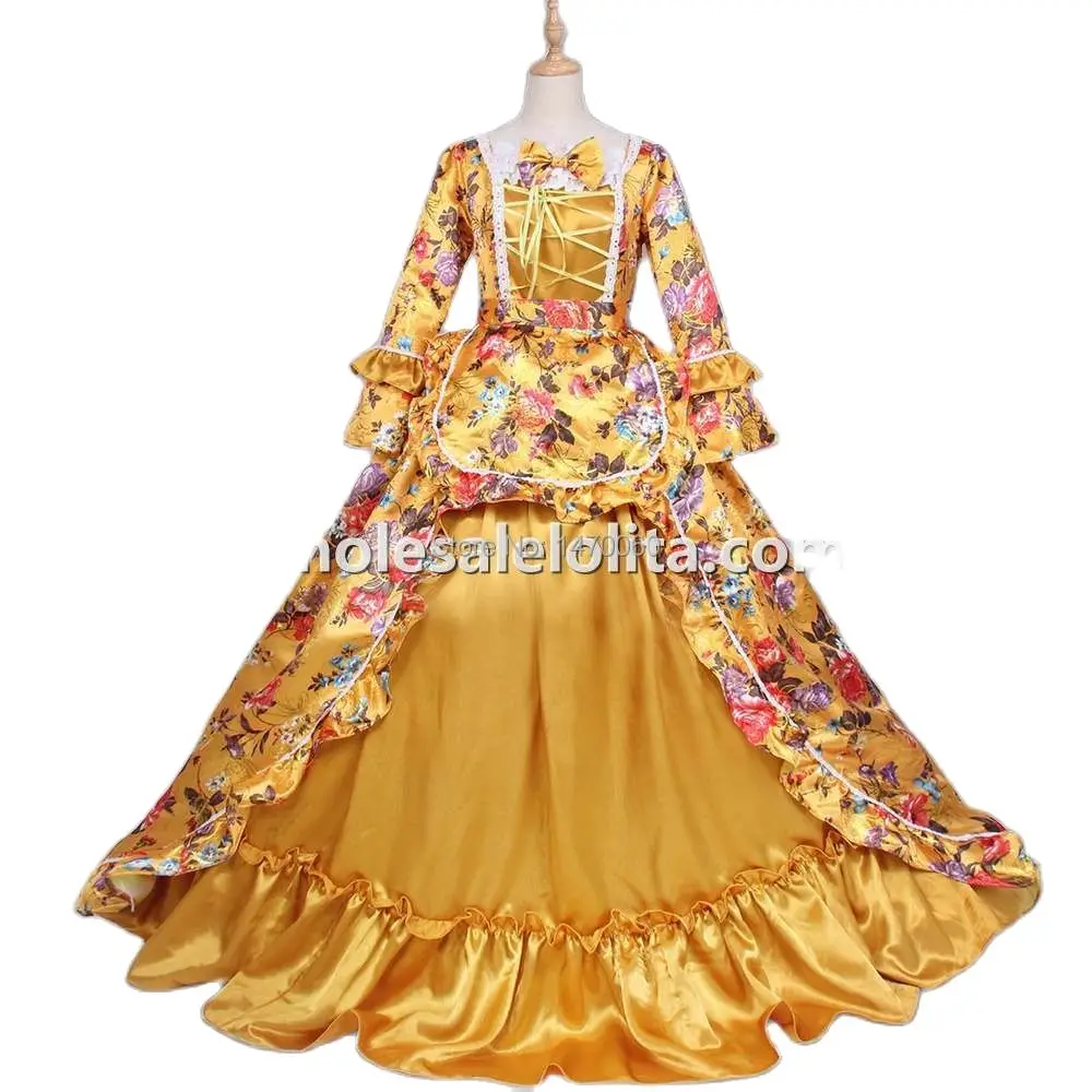 18th-Century Rococo Costume Gold Satin Printed Mary Antoinette Party And Dance Dress
18th-Century Rococo Costume Gold Satin Printed Mary Antoinette Party And Dance Dress