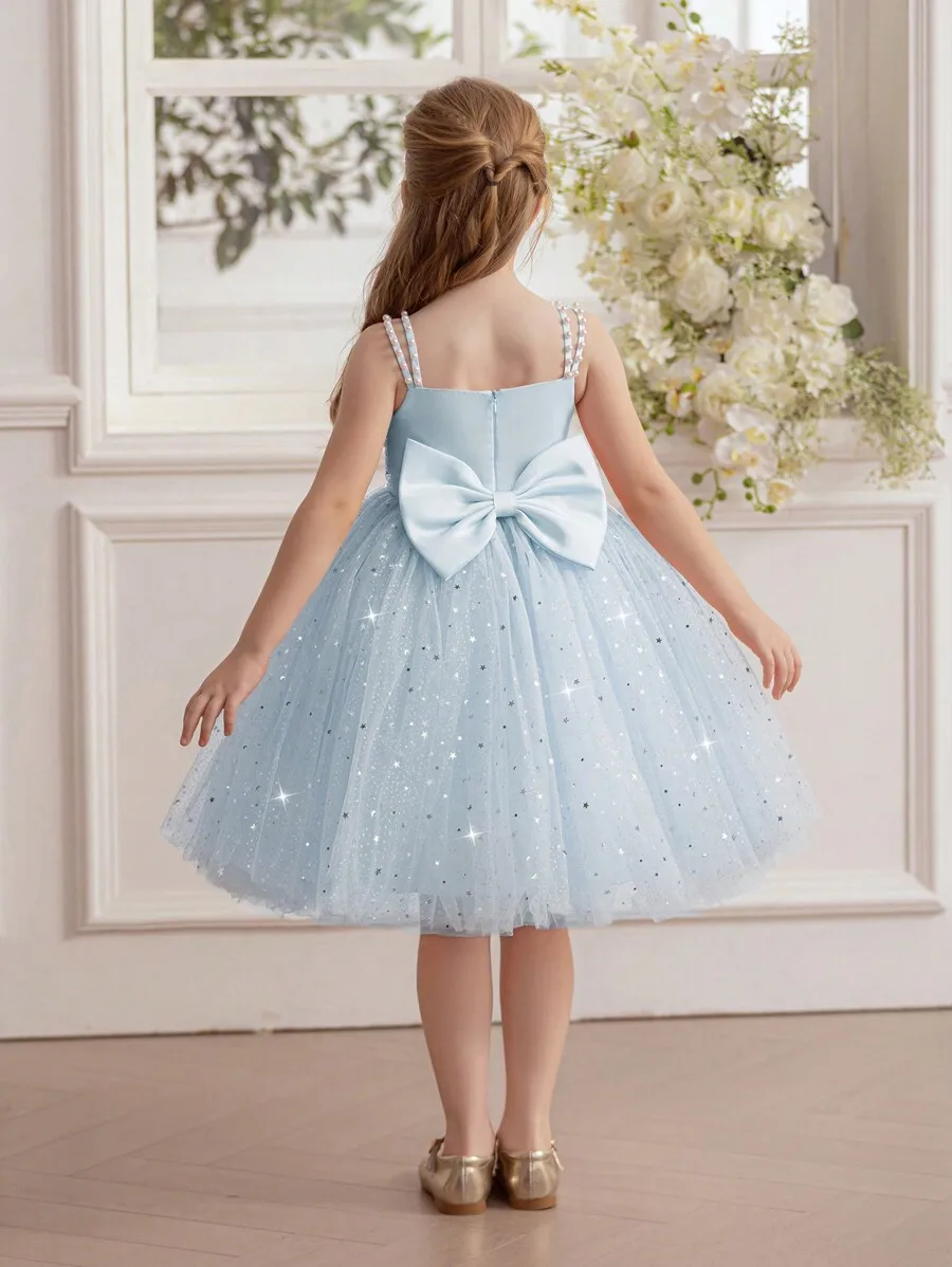 Elegant Spaghetti Strap Bow Beaded Sequin Tulle Party Dress For Women
Elegant Spaghetti Strap Bow Beaded Sequin Tulle Party Dress For Women