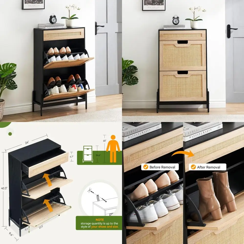 Freestanding Rattan Shoe Organizer Cabinet with Metal Legs - Narrow Storage for Flip Drawers
Freestanding Rattan Shoe Organizer Cabinet with Metal Legs - Narrow Storage for Flip Drawers
