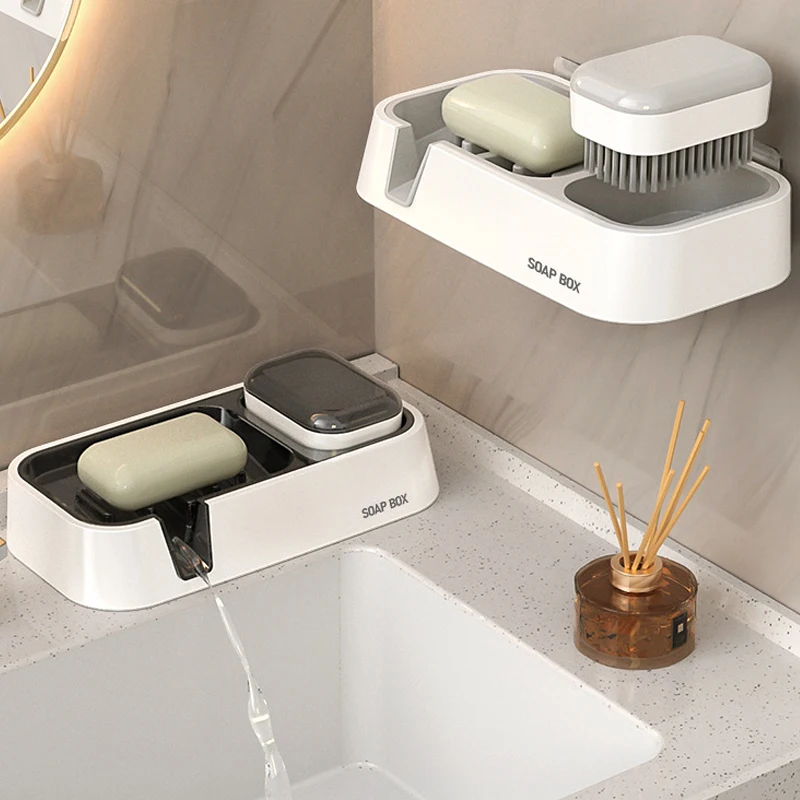 Double-layer Soap Storage Rack with Cleaning Brush Holder Multifunctional Soap Box Kitchen Bathroom Non-Slip Cleaning Tool