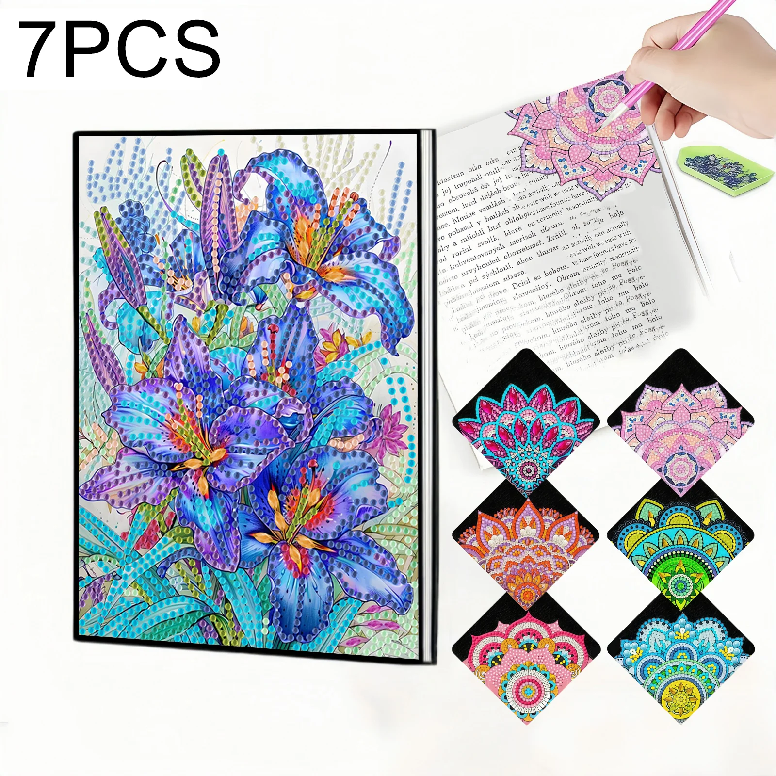 7PC, 1 Diamond Painting Notebook + 6 Bookmarks, Flowers, Mandala Pattern, PU Leather Material, gift for book lovers
7PC, 1 Diamond Painting Notebook + 6 Bookmarks, Flowers, Mandala Pattern, PU Leather Material, gift for book lovers