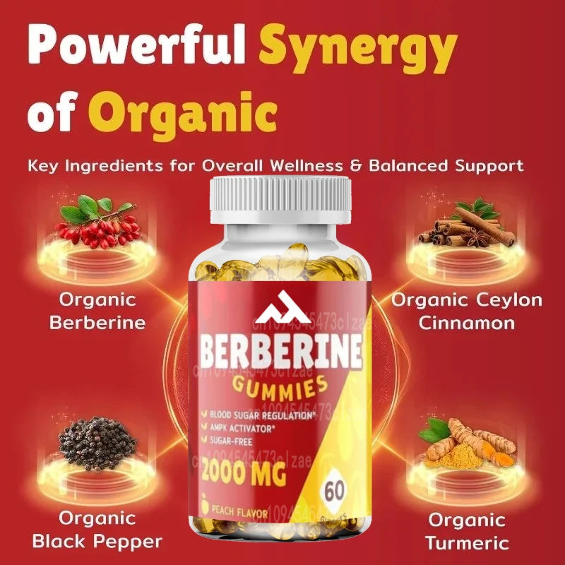 2000mg Berberine Gummies - Containing Ceylon Cinnamon, Turmeric, Magnesium, Chrome-60 Peach Flavored Vegan Gummies 
2000mg Berberine Gummies - Containing Ceylon Cinnamon, Turmeric, Magnesium, Chrome-60 Peach Flavored Vegan Gummies