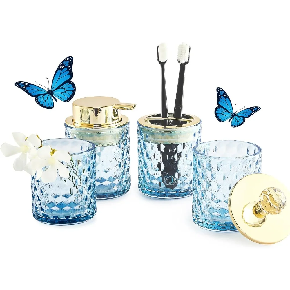 Синие аксессуары для ванной комнаты, комплект из 4 синих аксессуаров для ванной комнаты, набор держателей для зубных щеток, дозатор мыла, держатель qtip, tumble 
Синие аксессуары для ванной комнаты, комплект из 4 синих аксессуаров для ванной комнаты, набор держателей для зубных щеток, дозатор мыла, держатель qtip, tumble