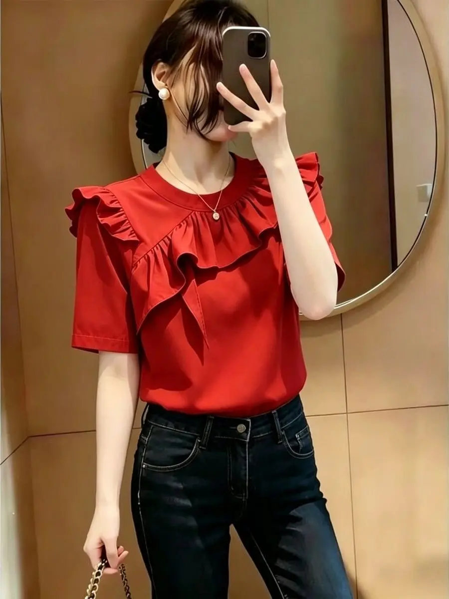 Elegant round Neck Short Sleeve T-Shirt Women's Summer Style Ageless Gray Lace Trim Casual Loose Fit Overhead Shirt
Elegant round Neck Short Sleeve T-Shirt Women's Summer Style Ageless Gray Lace Trim Casual Loose Fit Overhead Shirt