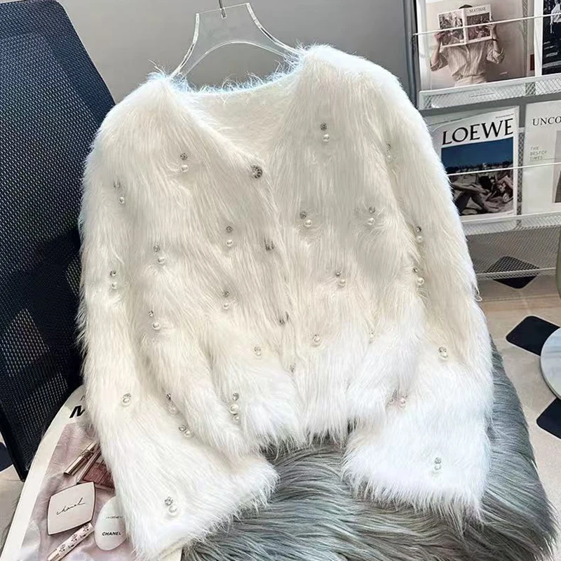 Fashion Pearl Faux Fur Women Cardigan Spring New Korean Elegant Sweet Faux Mink Cropped Sweater Y2K Long Sleeve Female Knitwear
Fashion Pearl Faux Fur Women Cardigan Spring New Korean Elegant Sweet Faux Mink Cropped Sweater Y2K Long Sleeve Female Knitwear