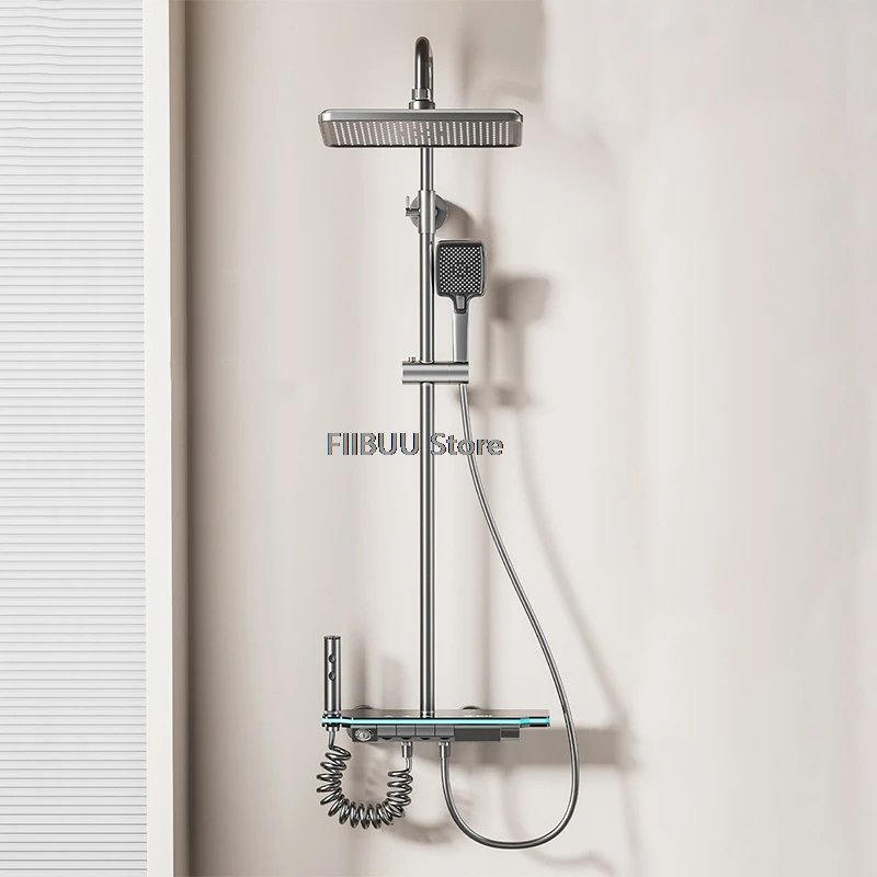 Digital LED Light Shower Sets With Storage Platform Grey Air Pressurized Multiple Modes Showerhead Shower System for Bathroom
Digital LED Light Shower Sets With Storage Platform Grey Air Pressurized Multiple Modes Showerhead Shower System for Bathroom