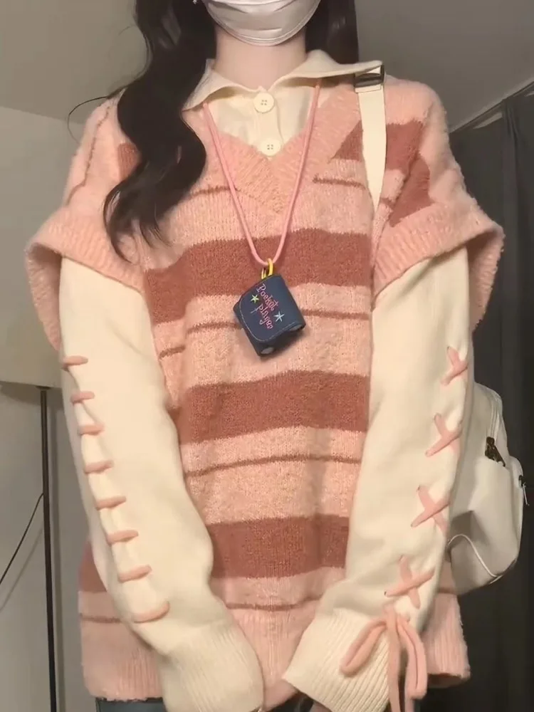 Sweet Pink Two Piece Lapel Neck Sweaters Mujer 2024 Autmn New Striped Tops Women Y2k Long Sleeve Loose Knitted Pullover
Sweet Pink Two Piece Lapel Neck Sweaters Mujer 2024 Autmn New Striped Tops Women Y2k Long Sleeve Loose Knitted Pullover