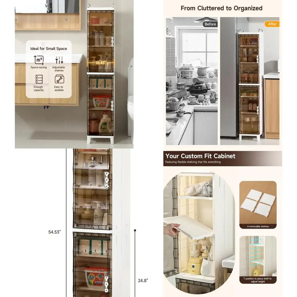Компактный высокий шкаф для хранения вещей с регулируемыми полками и магнитной застежкой, идеально подходит для небольших помещений в ванной комнате, кухне или прачечной.
Компактный высокий шкаф для хранения вещей с регулируемыми полками и магнитной застежкой, идеально подходит для небольших помещений в ванной комнате, кухне или прачечной.