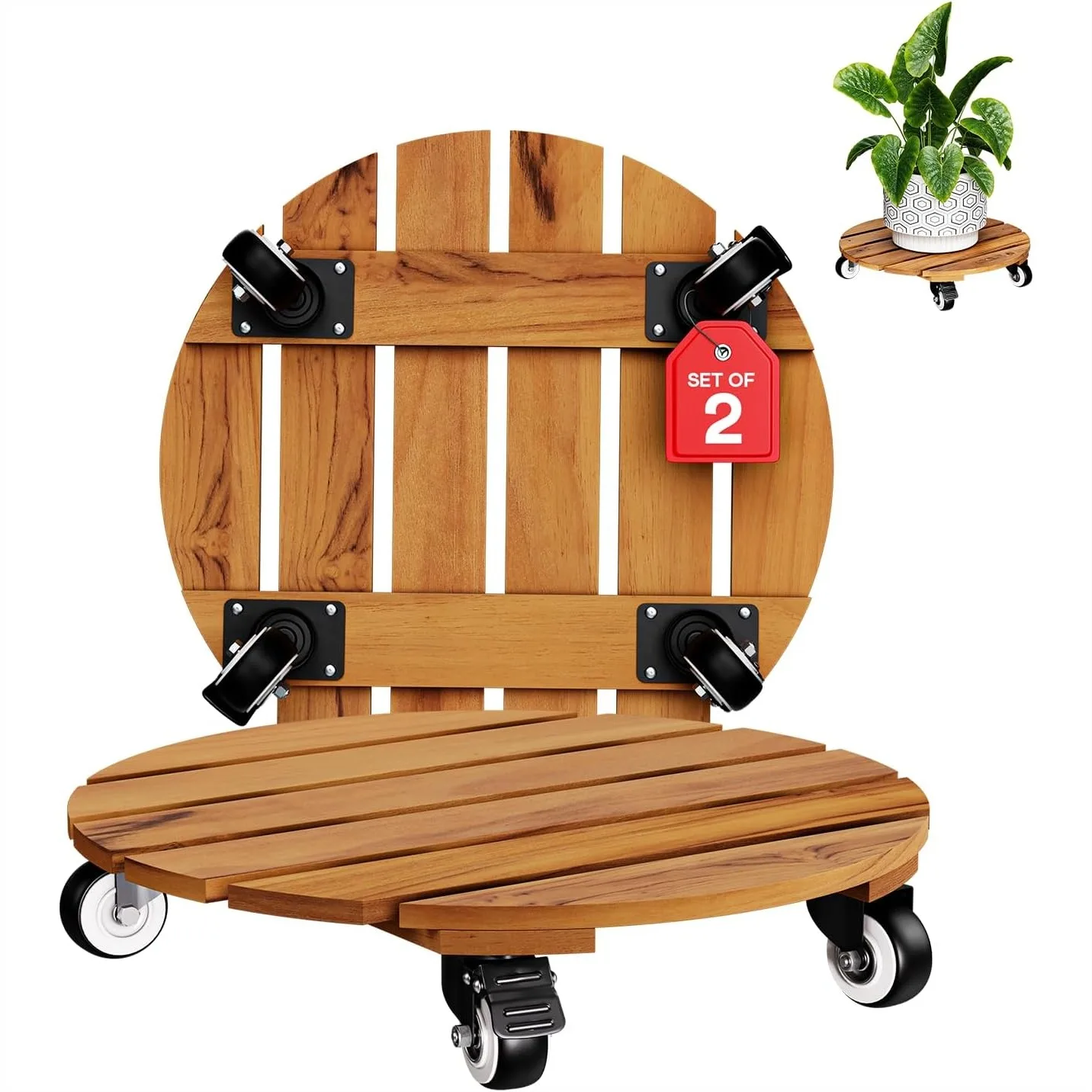 14 Inch Acacia Wood Rolling Round Plant Caddy 2-Pack, Heavy Duty Plant Stand with 360° Lockable Wheels, 264 lbs Capacity for
14 Inch Acacia Wood Rolling Round Plant Caddy 2-Pack, Heavy Duty Plant Stand with 360° Lockable Wheels, 264 lbs Capacity for