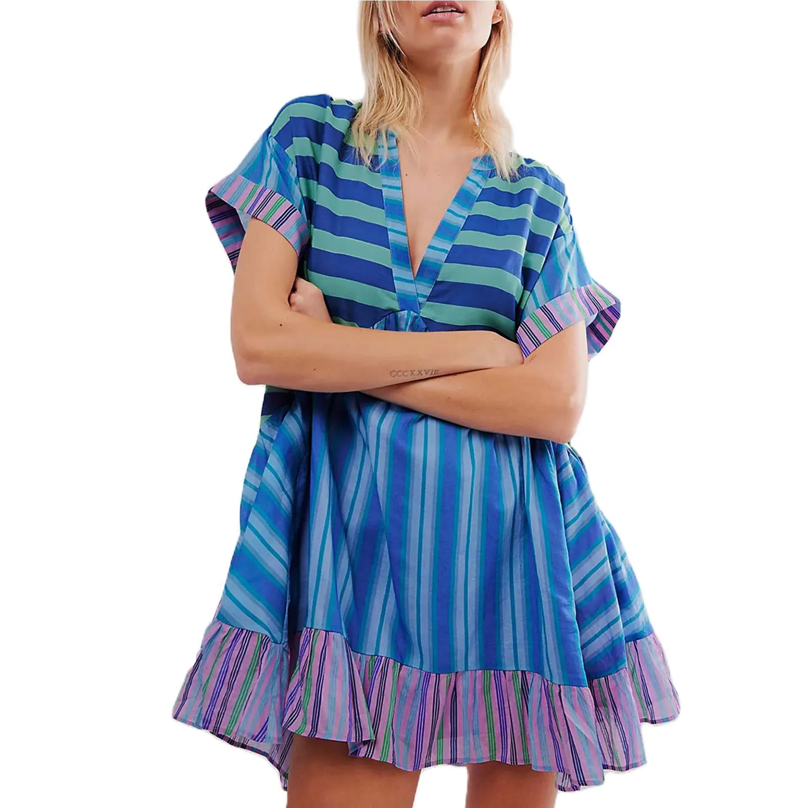 Striped Printed Women Boho Dresses Ruffle Summer Deep V Neck Short Sleeve Mini Dress Casual Beachwear Vacation Female Dress
Striped Printed Women Boho Dresses Ruffle Summer Deep V Neck Short Sleeve Mini Dress Casual Beachwear Vacation Female Dress