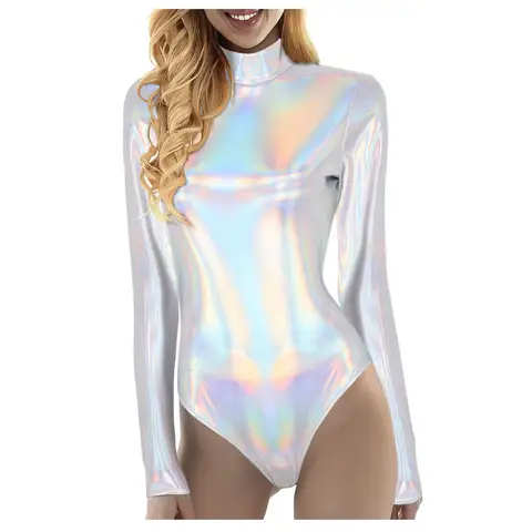 Womens Metallic Shiny Athletic Leotard Bodysuit Mock Neck Long Sleeve Bodycon Fitness Yoga Jumpsuit For Rave Music Festival Club