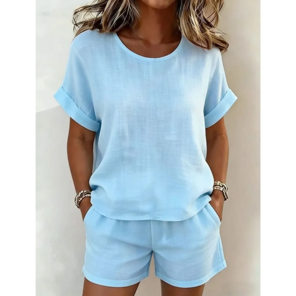 Summer New Casual O Neck Short-sleeved Top + Shorts 2-piece Set 2026 Fashion Pocket Simple Loose Daily Sports Shorts Suit
Summer New Casual O Neck Short-sleeved Top + Shorts 2-piece Set 2026 Fashion Pocket Simple Loose Daily Sports Shorts Suit