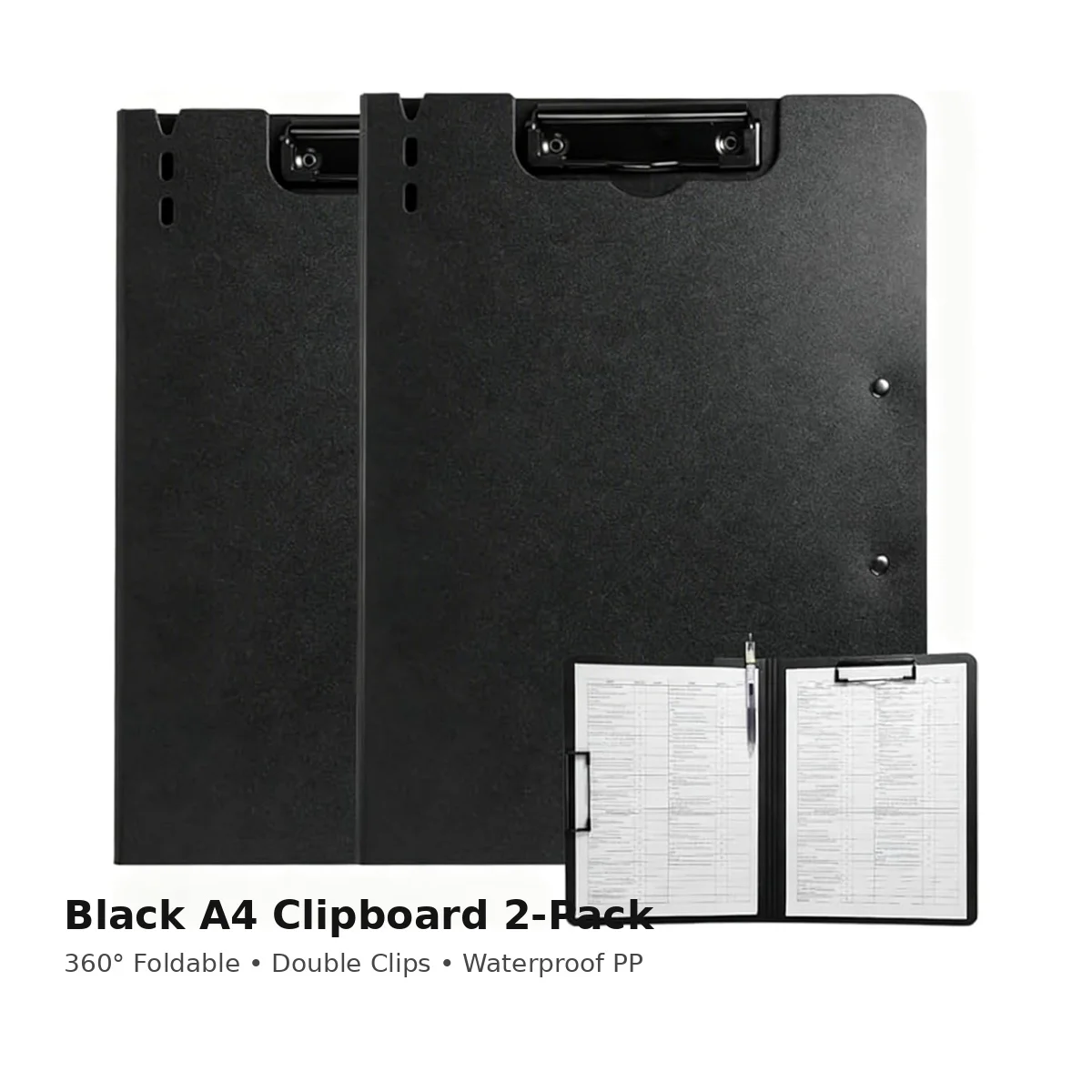 Black A4 Clipboard 2-Pack, 360° Foldable PP Boards with Double Sturdy Clips, Waterproof Stain Resistant, Rubber Rounded Edges
Black A4 Clipboard 2-Pack, 360° Foldable PP Boards with Double Sturdy Clips, Waterproof Stain Resistant, Rubber Rounded Edges