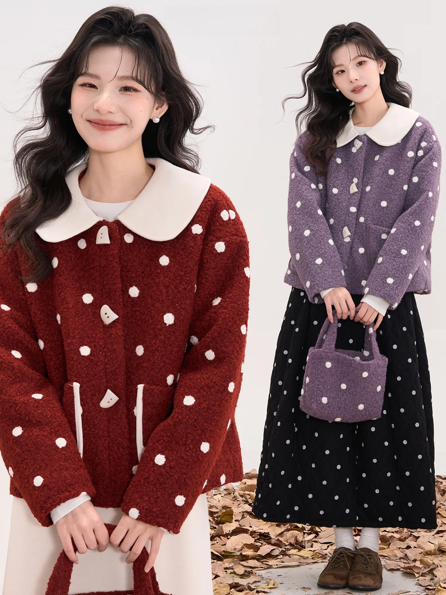 Женское короткое пальто Heme Polka Dot Sweet из утолщенной шерстяной ткани с отложным воротником и застежкой на пуговицах, с длинными рукавами
Женское короткое пальто Heme Polka Dot Sweet из утолщенной шерстяной ткани с отложным воротником и застежкой на пуговицах, с длинными рукавами