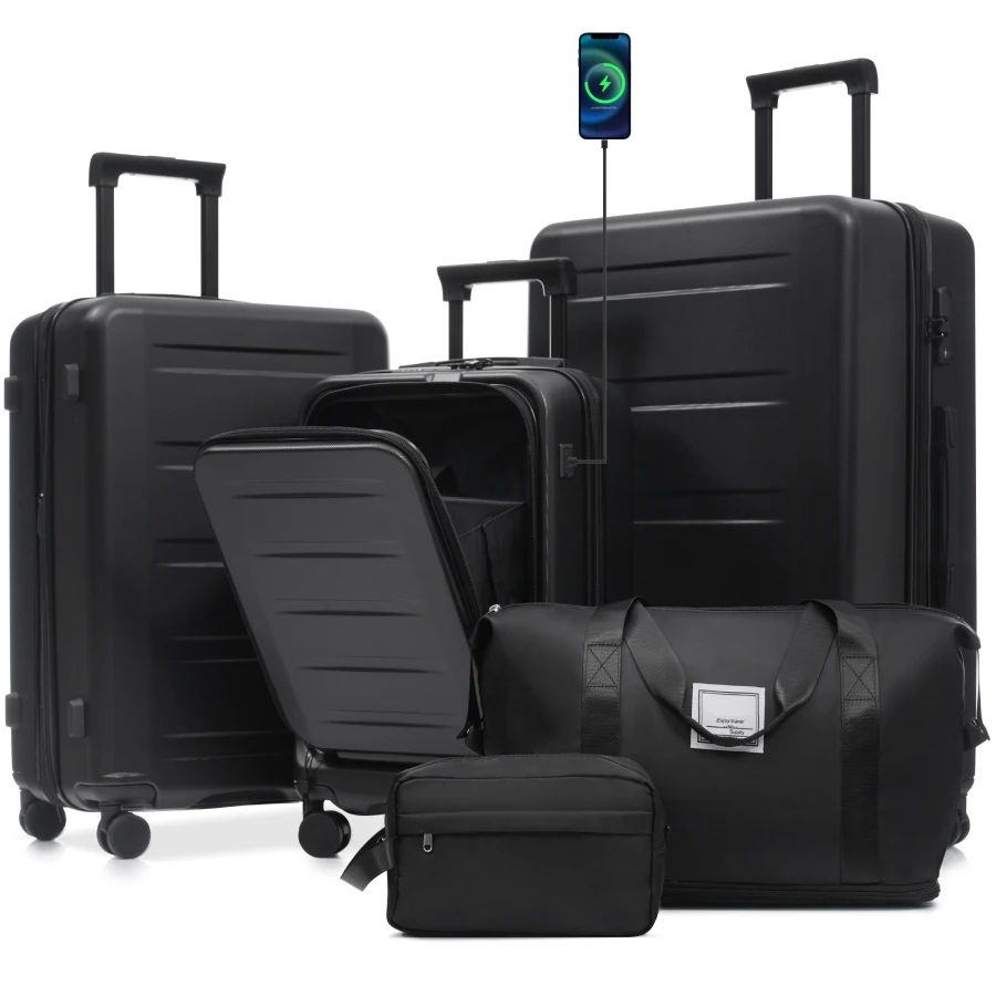 Travel luggage set for airport use, polycarbonate, black, front-opening design with USB port and TSA locks
Travel luggage set for airport use, polycarbonate, black, front-opening design with USB port and TSA locks
