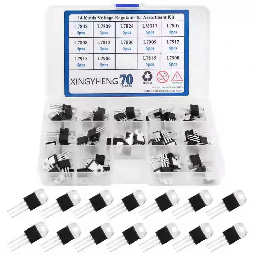 70pcs TO-220 Voltage Regulator IC Kit, 14 Values Including L7805/L7812/L7905/LM317T, Linear Regulator Assortment
70pcs TO-220 Voltage Regulator IC Kit, 14 Values Including L7805/L7812/L7905/LM317T, Linear Regulator Assortment