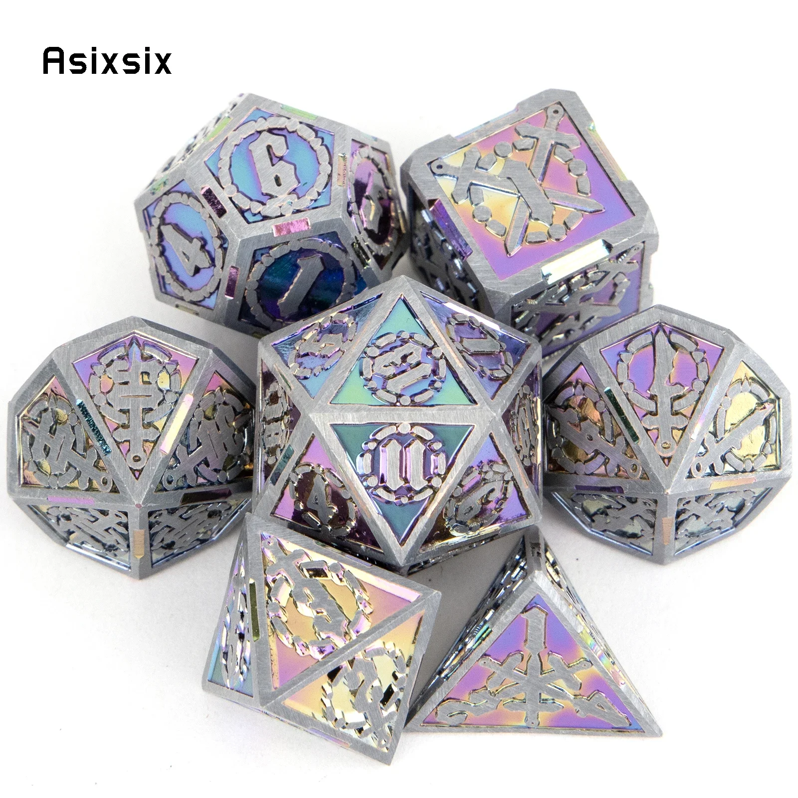 7 Pcs Colorful Silver Double Swords Metal Dice Solid Polyhedral Dice Set Suitable for Role-Playing RPG Board Game
7 Pcs Colorful Silver Double Swords Metal Dice Solid Polyhedral Dice Set Suitable for Role-Playing RPG Board Game