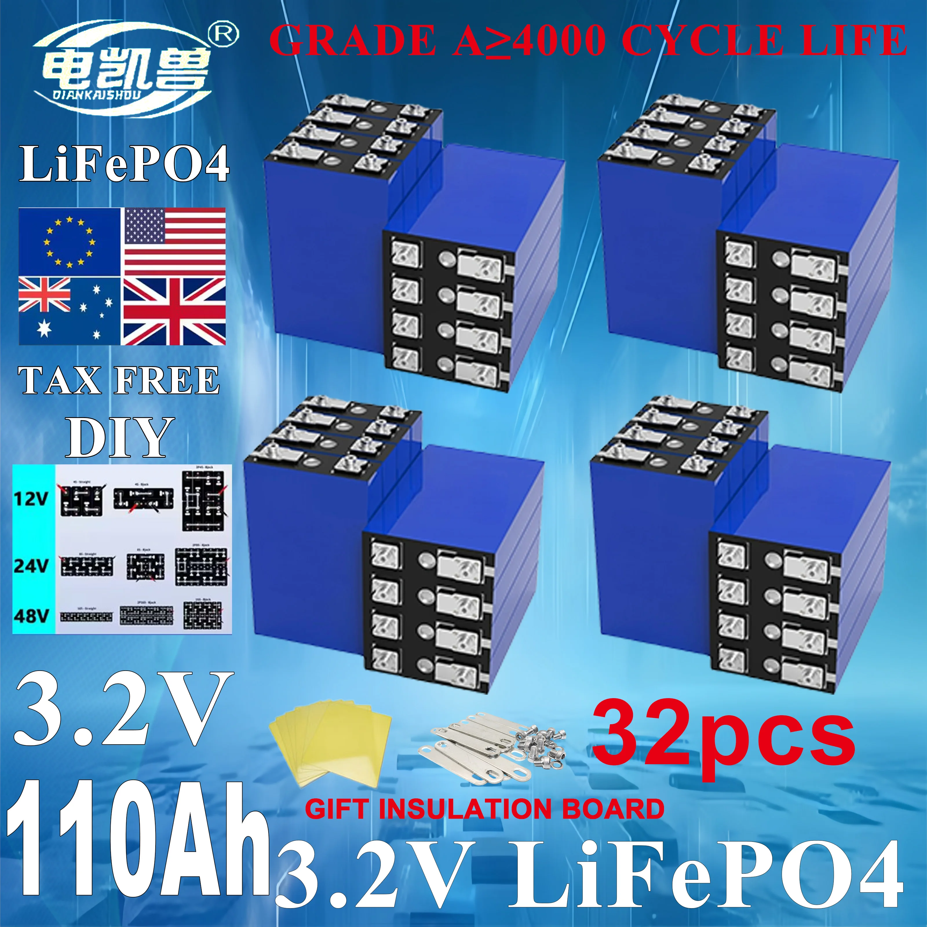 New 32pcs Grade A 110ah 3.2V Lifepo4 Rechargeable Battery 4000 Cycles DIY 12V 24V 48V RV, yacht, golf cart solar energy battery
New 32pcs Grade A 110ah 3.2V Lifepo4 Rechargeable Battery 4000 Cycles DIY 12V 24V 48V RV, yacht, golf cart solar energy battery
