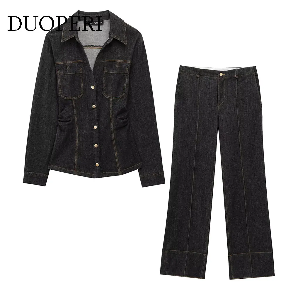DUOPERI Women Fashion 2 Piece Sets With Pocket Denim Long Slevees Shirts & Front Zipper Trousers Feamle Pants Sets
DUOPERI Women Fashion 2 Piece Sets With Pocket Denim Long Slevees Shirts & Front Zipper Trousers Feamle Pants Sets