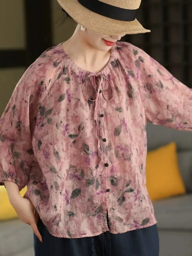 Retro Floral Print Linen Shirt with Drawstring round Neck Loose Fit Women's Summer Top Breathable Comfortable Five Sleeve Length
Retro Floral Print Linen Shirt with Drawstring round Neck Loose Fit Women's Summer Top Breathable Comfortable Five Sleeve Length