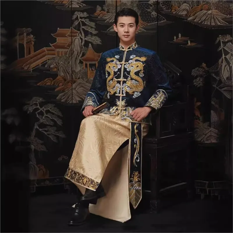 A new large-sized blue wedding gown for the groom
A new large-sized blue wedding gown for the groom