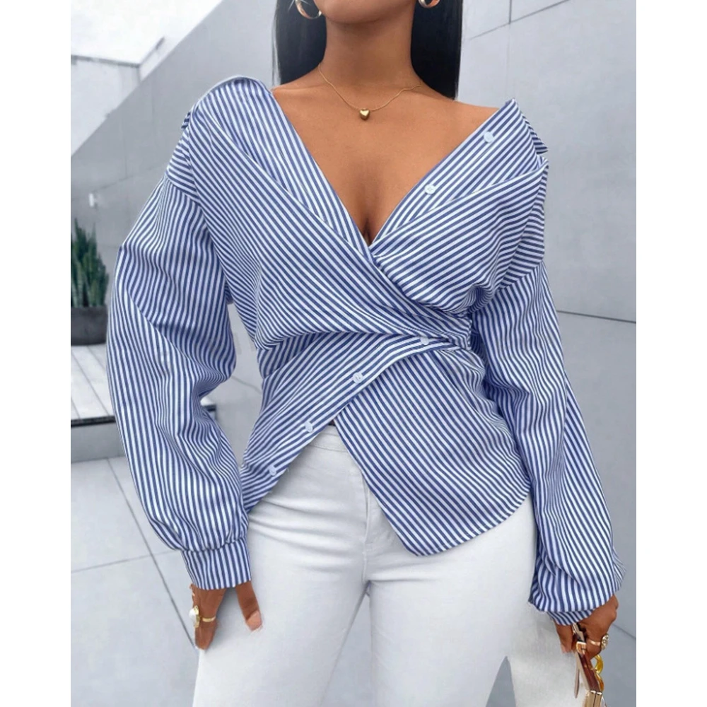2025 Women Striped Lace Up Back Casual Blouse Button Front Long Sleeve Turn-down Collar Top Spring Summer Daily wear
2025 Women Striped Lace Up Back Casual Blouse Button Front Long Sleeve Turn-down Collar Top Spring Summer Daily wear
