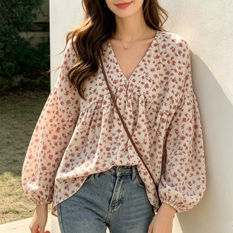 Sweet Loose Fit Bubble Sleeves Korean Flower Print Lady Chiffon Blouse Summer Fashion Casual V-neck Women's Blouse New
Sweet Loose Fit Bubble Sleeves Korean Flower Print Lady Chiffon Blouse Summer Fashion Casual V-neck Women's Blouse New