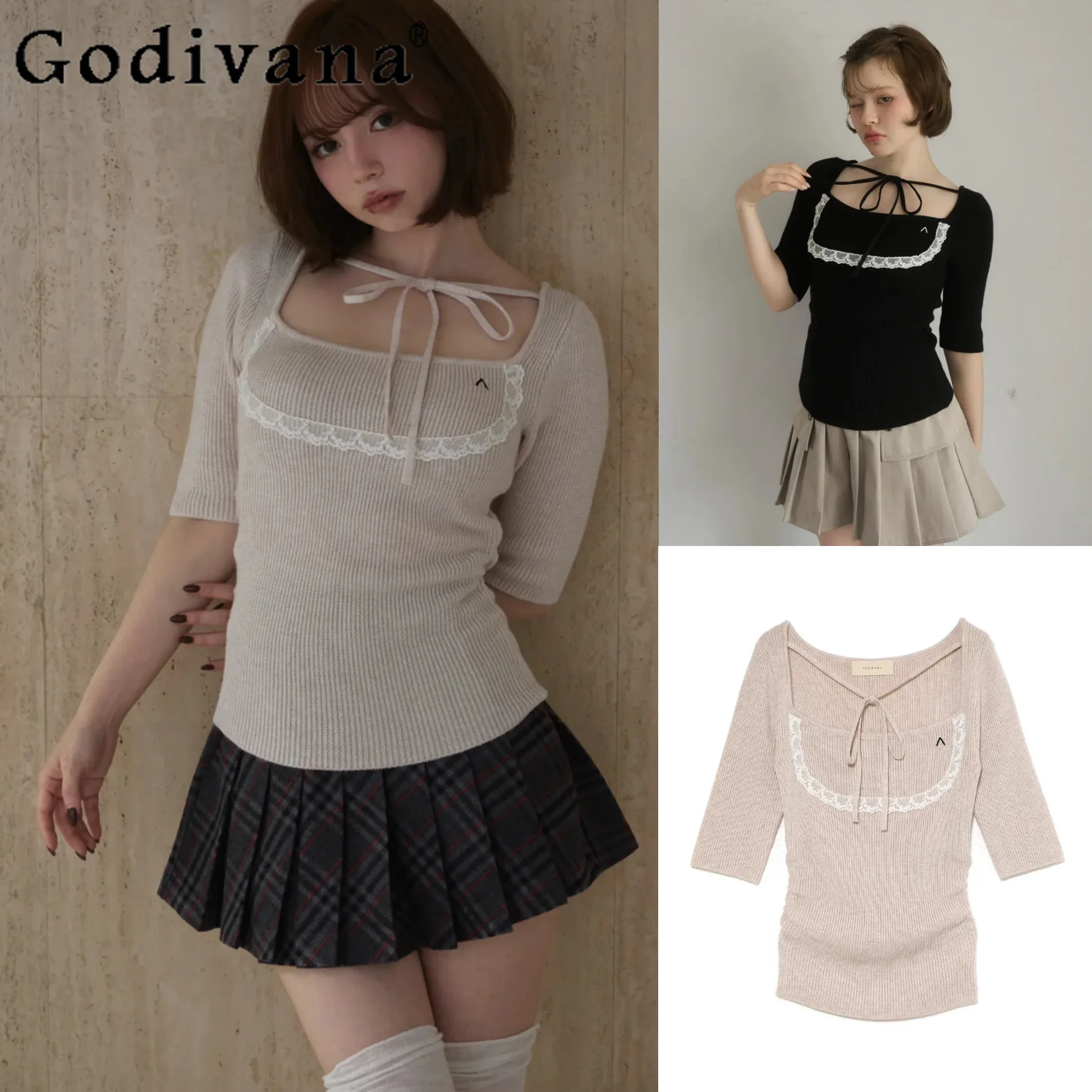 Summer Japanese Knit Top Sweet Slim-fitting Strap-up Bow Lace Square Neck Medium-sleeved Knitted Sweater Daily Casual T-shirt
Summer Japanese Knit Top Sweet Slim-fitting Strap-up Bow Lace Square Neck Medium-sleeved Knitted Sweater Daily Casual T-shirt