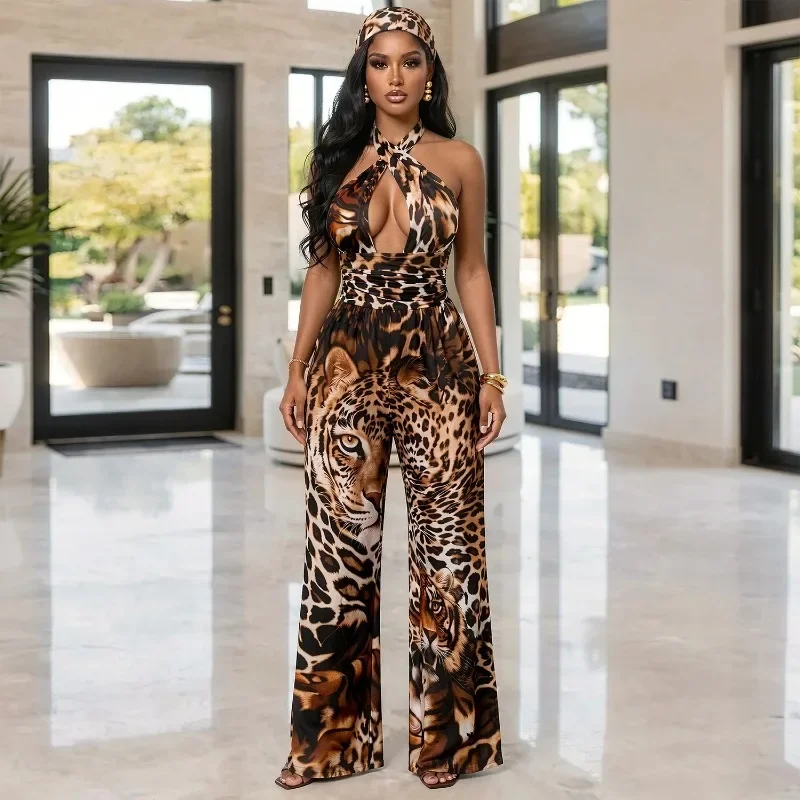 GUWU Fashion Women Sleeveless Halter Tie Backless Jumpsuit, Tiger Animal Spot Printed Loose Wide Leg Casual One Piece Outfit
GUWU Fashion Women Sleeveless Halter Tie Backless Jumpsuit, Tiger Animal Spot Printed Loose Wide Leg Casual One Piece Outfit