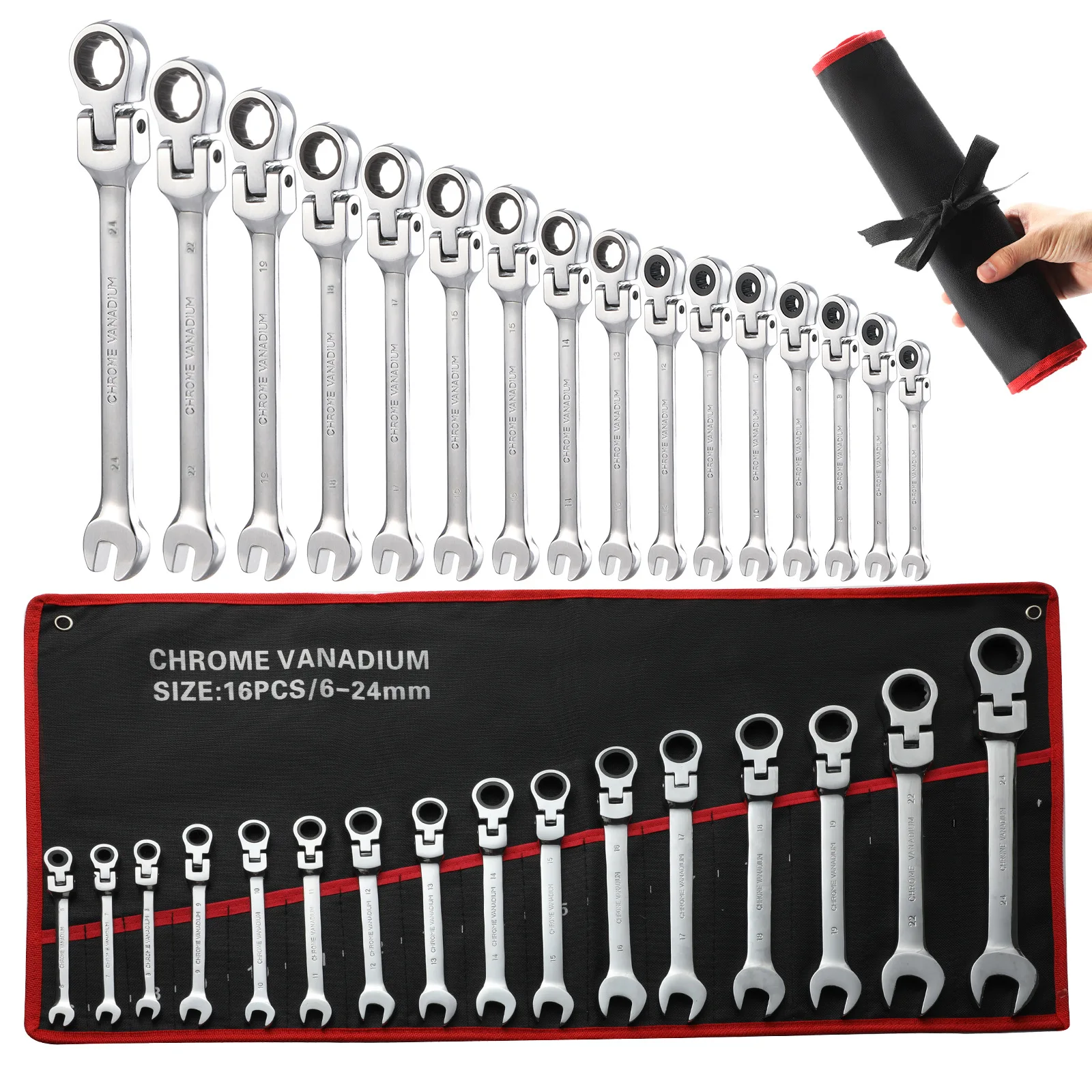 16PCS Metric Flexible Ratchet Combination Wrench Set CR-V Steel 6-24mm Swivel Head Spanner Kit with Canvas Roll Bag
16PCS Metric Flexible Ratchet Combination Wrench Set CR-V Steel 6-24mm Swivel Head Spanner Kit with Canvas Roll Bag