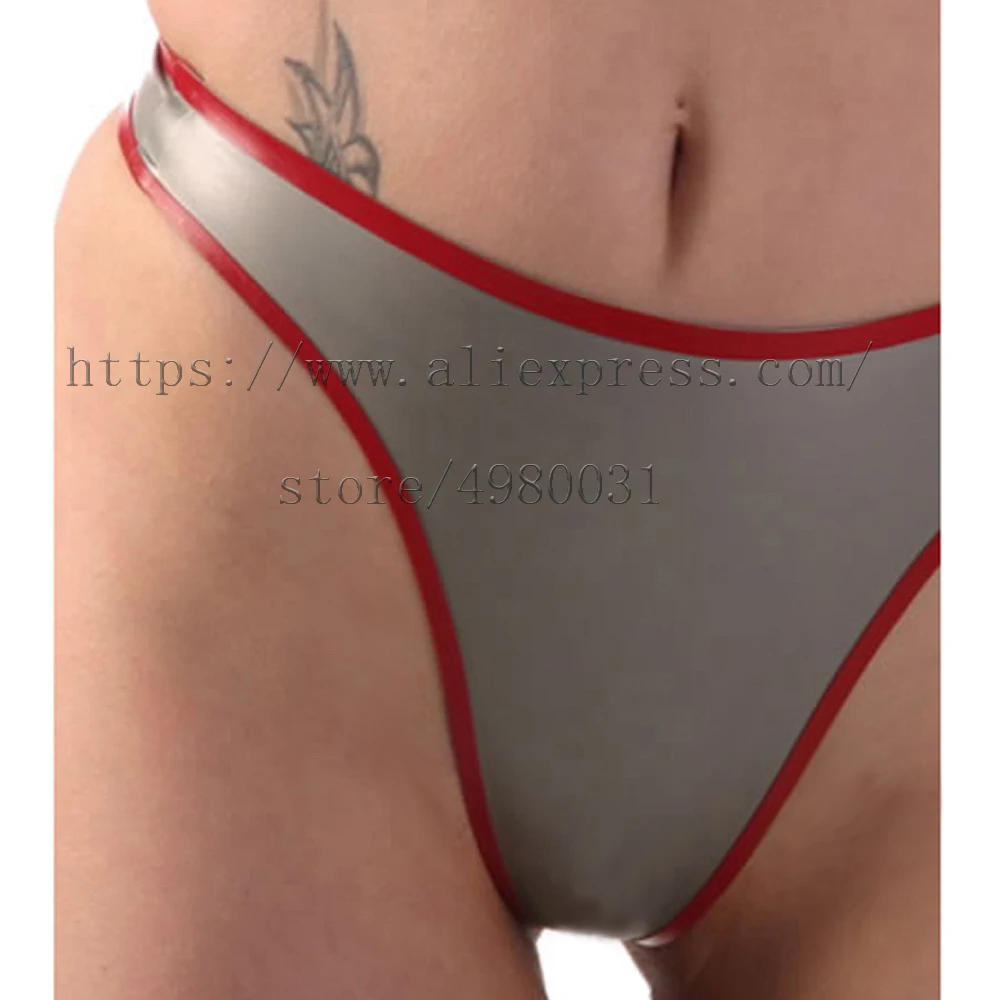 Novelty latex briefs 100% handmade latex T-back for women in silver with red trim colors
Novelty latex briefs 100% handmade latex T-back for women in silver with red trim colors