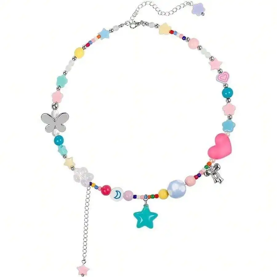 Pastel Charm Bead Necklace with Star Heart Butterfly Pendant
Pastel Charm Bead Necklace with Star Heart Butterfly Pendant