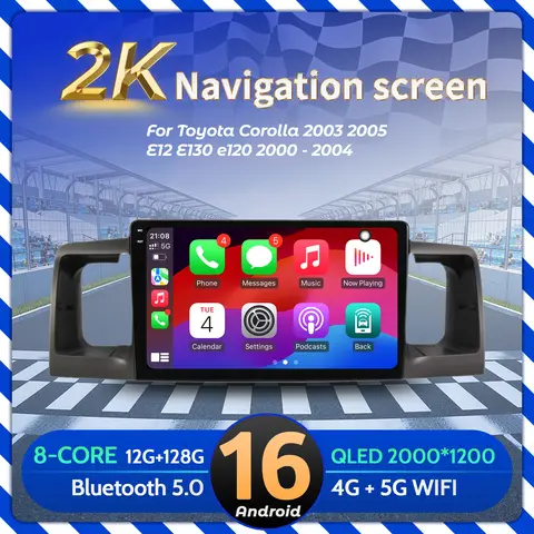 9”Car Radio For Toyota Corolla 2003 2005 e12 E130 e120 2000-2004 BT Carplay Android 16 Multimedia Navigation 2K QLED Screen