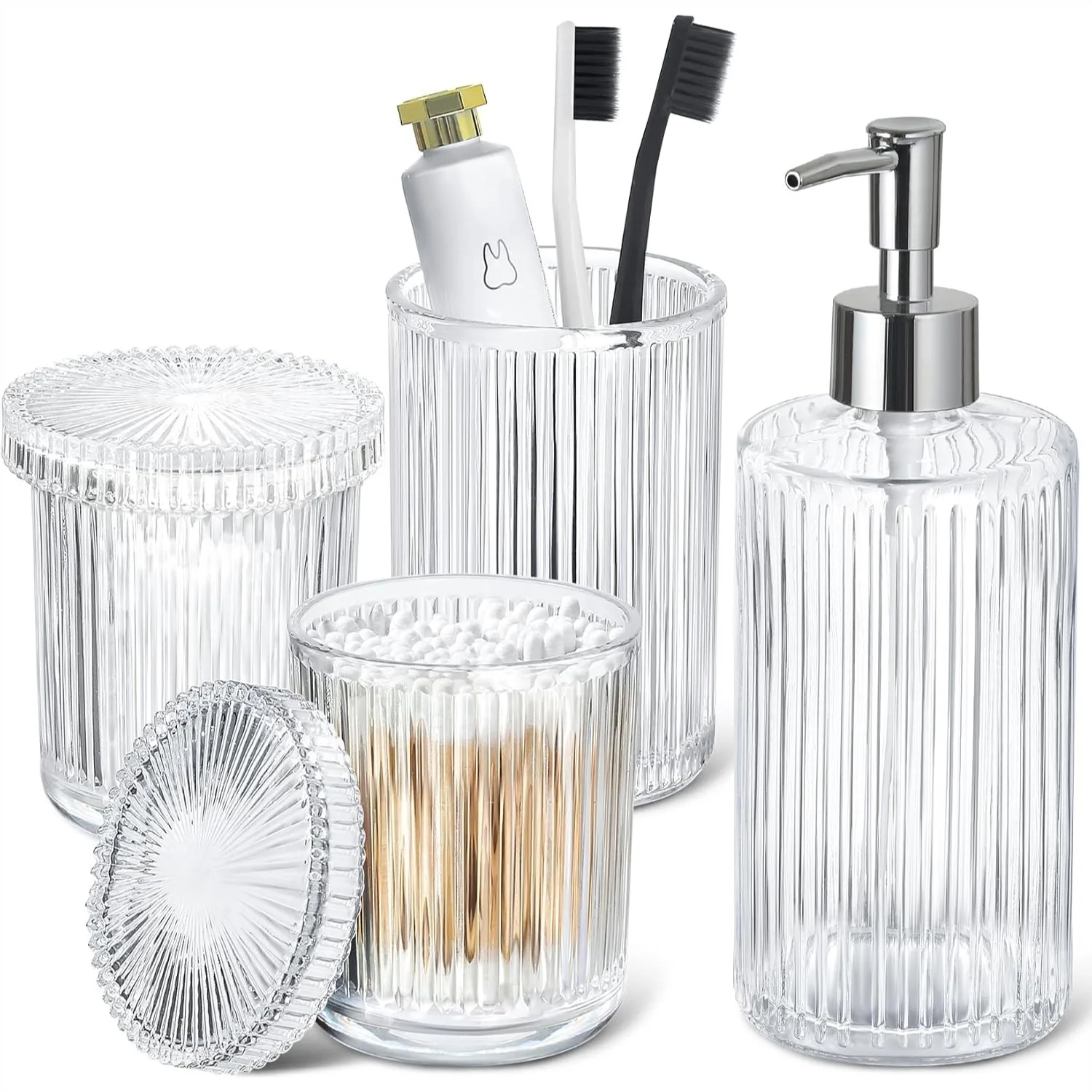 Bathroom Accessories Set 4 Pack Clear Glass Soap Dispenser Toothbrush Holder with 2 Qtip Holders Modern Silver Counter Decor
Bathroom Accessories Set 4 Pack Clear Glass Soap Dispenser Toothbrush Holder with 2 Qtip Holders Modern Silver Counter Decor