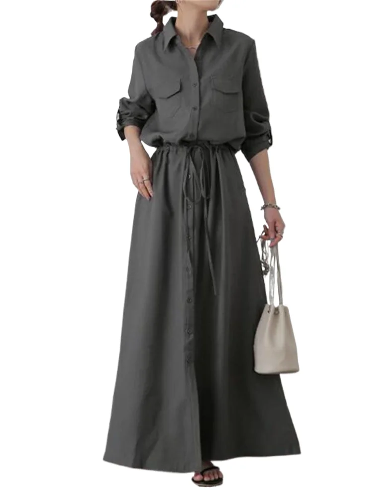 Solid Color Shirts Long Dresses Women Fashion Casual Lapel Long Sleeve Drawstring Elastic Waist Dress Female Commuting Clothing
Solid Color Shirts Long Dresses Women Fashion Casual Lapel Long Sleeve Drawstring Elastic Waist Dress Female Commuting Clothing