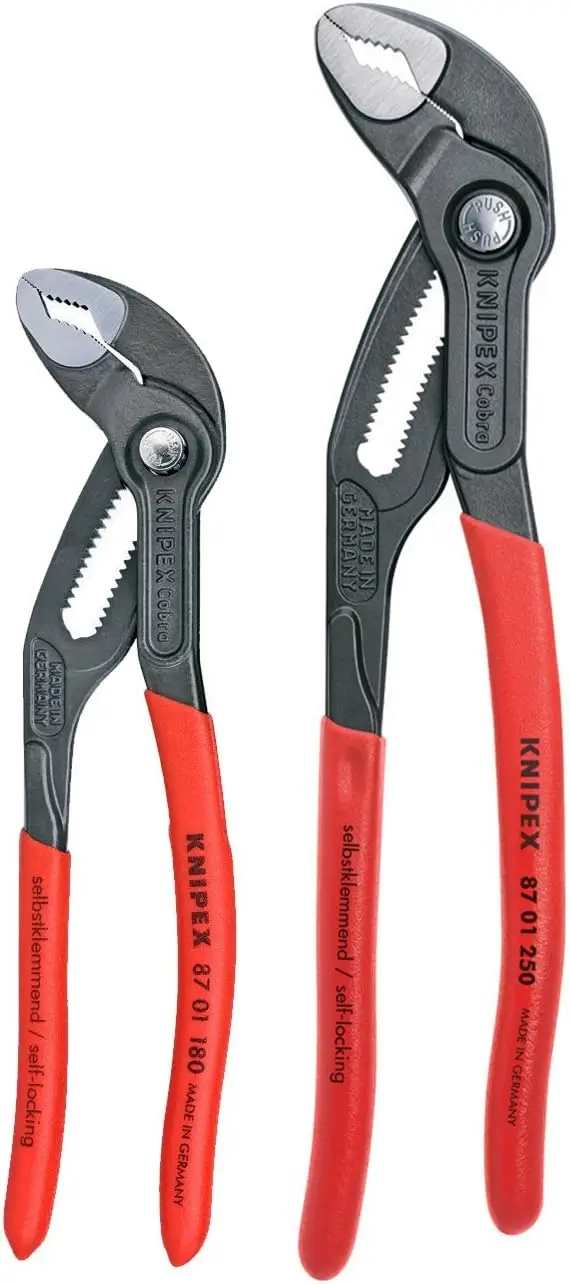 2-Piece Self-Locking Cobra Pliers Set with Fine Adjustment and Anti-Pinching Guard
2-Piece Self-Locking Cobra Pliers Set with Fine Adjustment and Anti-Pinching Guard