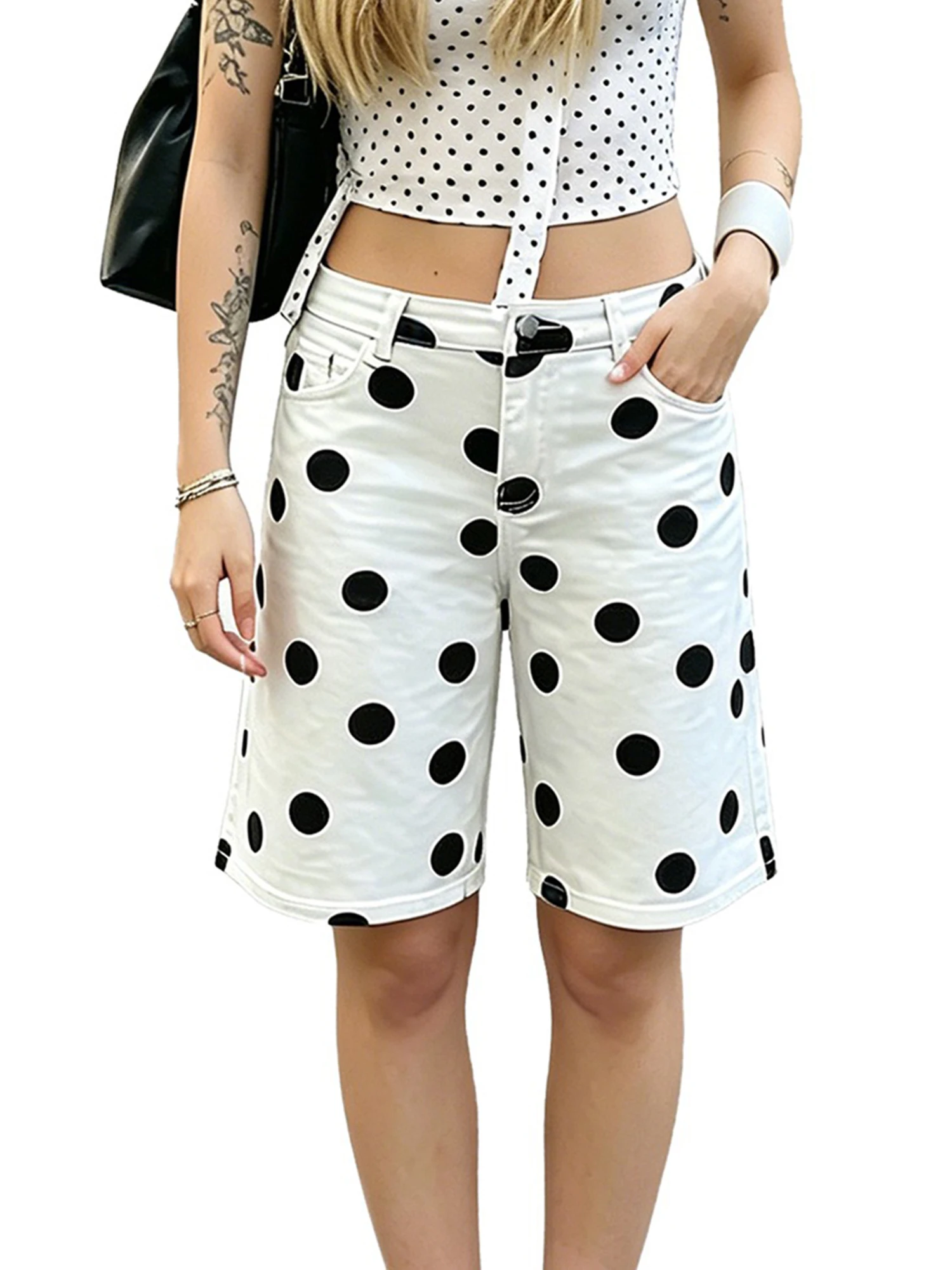 Womens Knee Length Denim Shorts Casual Loose Fit Dot Print Stylish Mid Rise Jean Shorts
Womens Knee Length Denim Shorts Casual Loose Fit Dot Print Stylish Mid Rise Jean Shorts