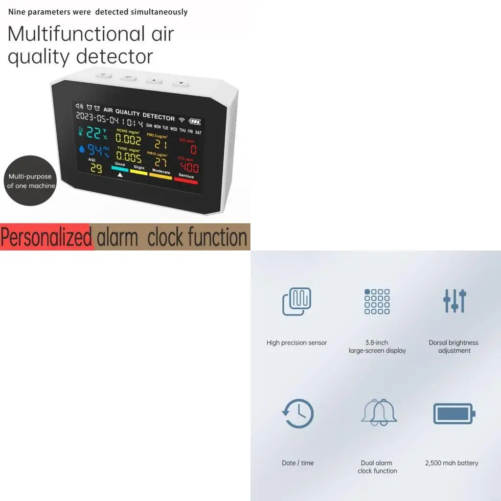 Multifunctional Indoor Air Quality Monitors with Temperature and Humidity Measurement CO2 PM2.5 Formaldehyde TVOC CO
Multifunctional Indoor Air Quality Monitors with Temperature and Humidity Measurement CO2 PM2.5 Formaldehyde TVOC CO