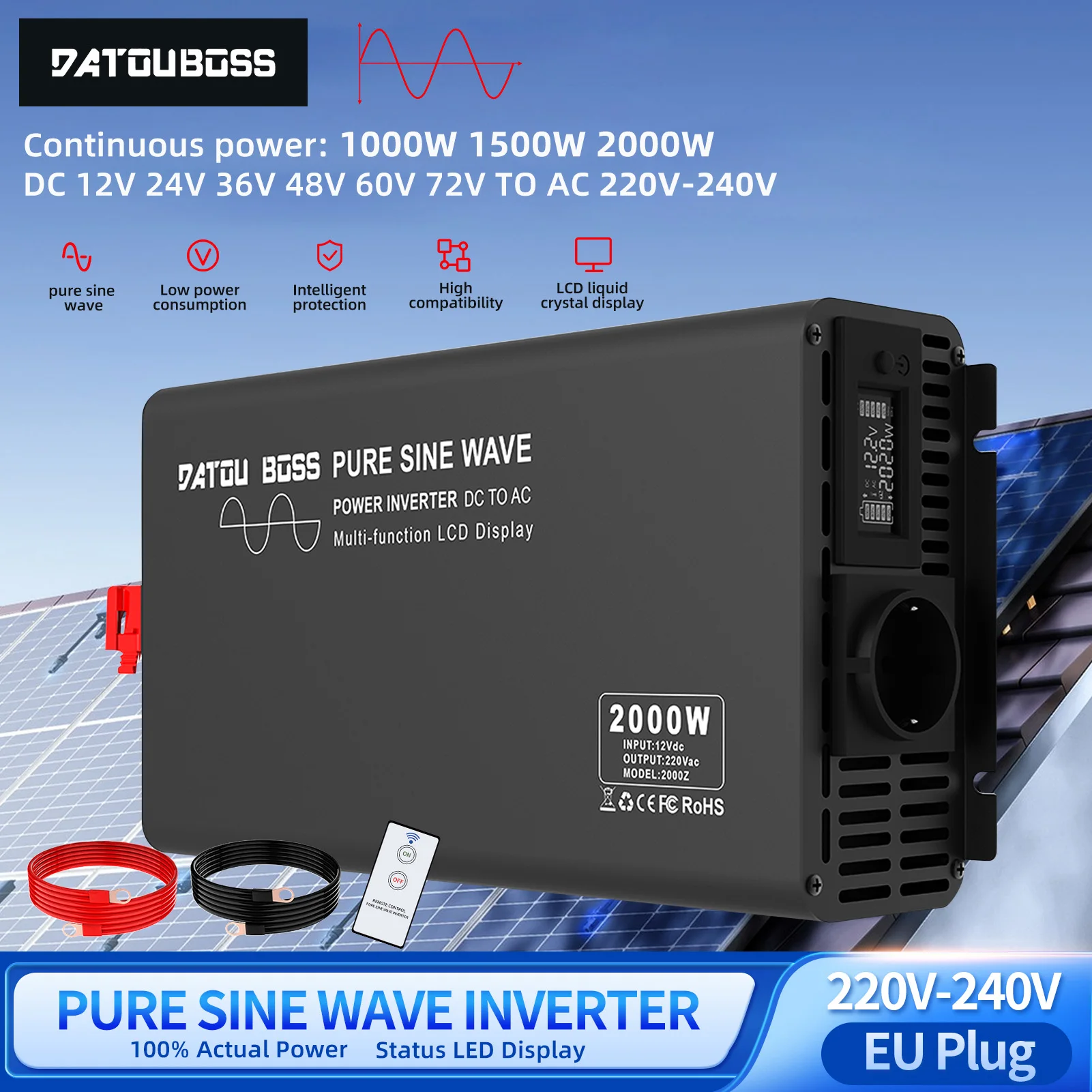 DATOUBOSS Pure Sine Wave Inverter 2000W DC 12V 24V 36V 48V 60V 72V to AC 220V 240V Ship Car RV Modified Vehicle Inverter
DATOUBOSS Pure Sine Wave Inverter 2000W DC 12V 24V 36V 48V 60V 72V to AC 220V 240V Ship Car RV Modified Vehicle Inverter