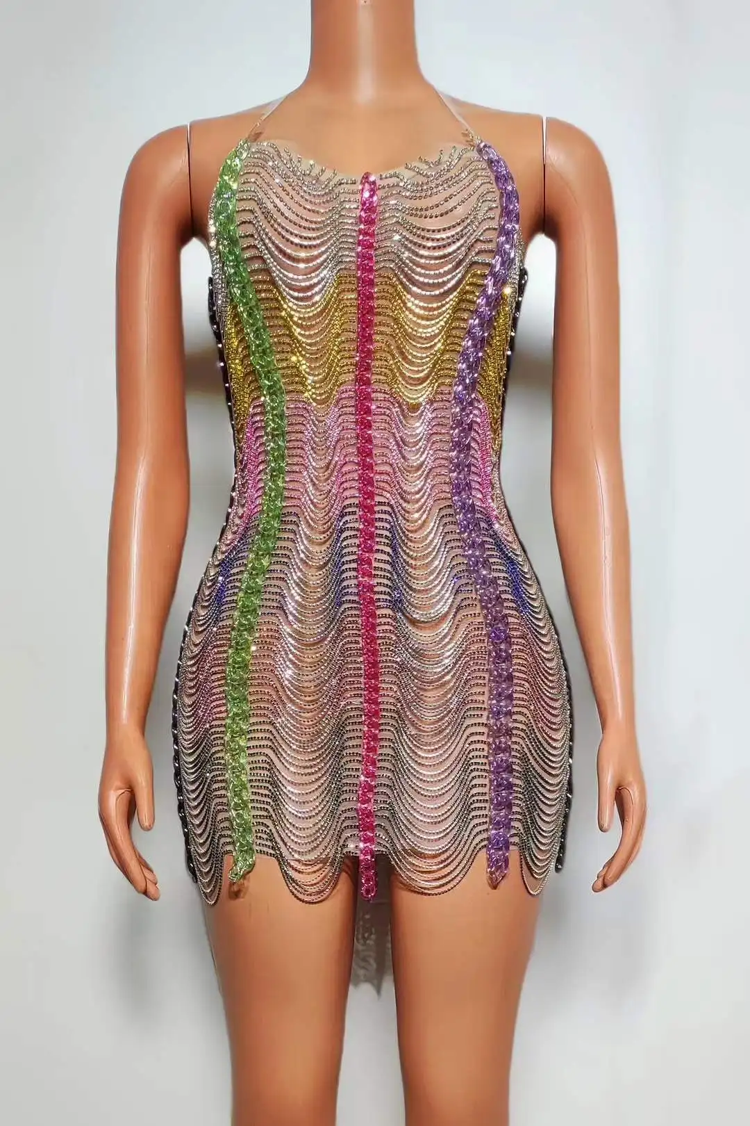 Women Colorful Sleeveless Sexy Backless Drill Chain Rhinestone Sparkly Short Dress Drag Queen Costume Night Club Wear
Women Colorful Sleeveless Sexy Backless Drill Chain Rhinestone Sparkly Short Dress Drag Queen Costume Night Club Wear