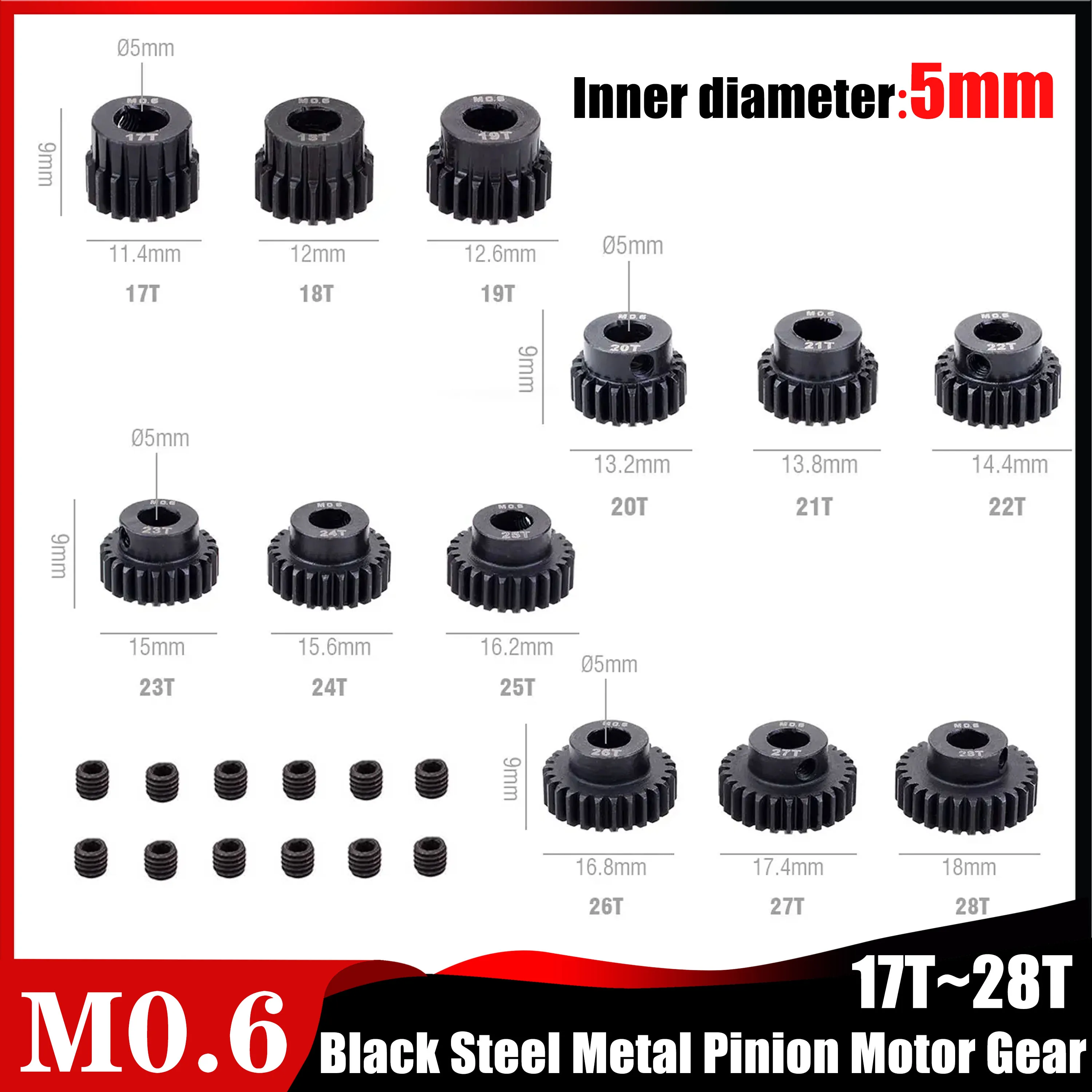 M0.6 5mm Black Steel Metal Pinion Motor Gear 17T 18T 19T 20T 21T 22T 23T 24T 25T 26T 27T 28T for 1/10 RC Car Model Toys Parts
M0.6 5mm Black Steel Metal Pinion Motor Gear 17T 18T 19T 20T 21T 22T 23T 24T 25T 26T 27T 28T for 1/10 RC Car Model Toys Parts