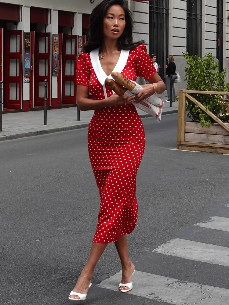 Absobe French Retro Polka Dots Maxi Dress Women's Lapel V-Neck Short Sleeve Sexy Back Slit Slim Long Dress Elegant Partywear
Absobe French Retro Polka Dots Maxi Dress Women's Lapel V-Neck Short Sleeve Sexy Back Slit Slim Long Dress Elegant Partywear