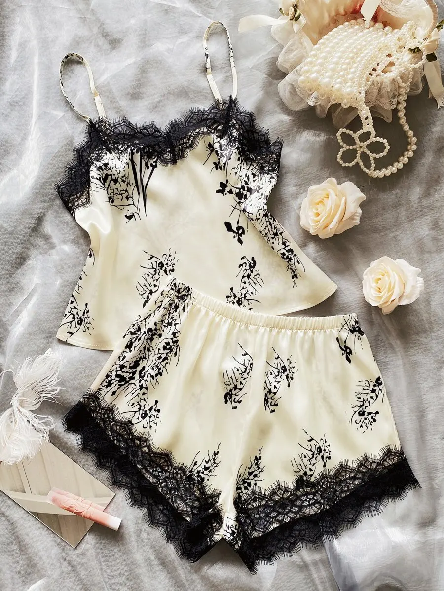 Lace Trim Floral Print Satin Pajama Set For Women
Lace Trim Floral Print Satin Pajama Set For Women
