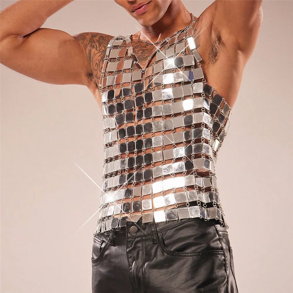 Bar Nightclub Glitter Performance Vest Silver Mirror Chain Cutout Men Vest Sleeveless See Through Club Rave Stage Costume Top
Bar Nightclub Glitter Performance Vest Silver Mirror Chain Cutout Men Vest Sleeveless See Through Club Rave Stage Costume Top