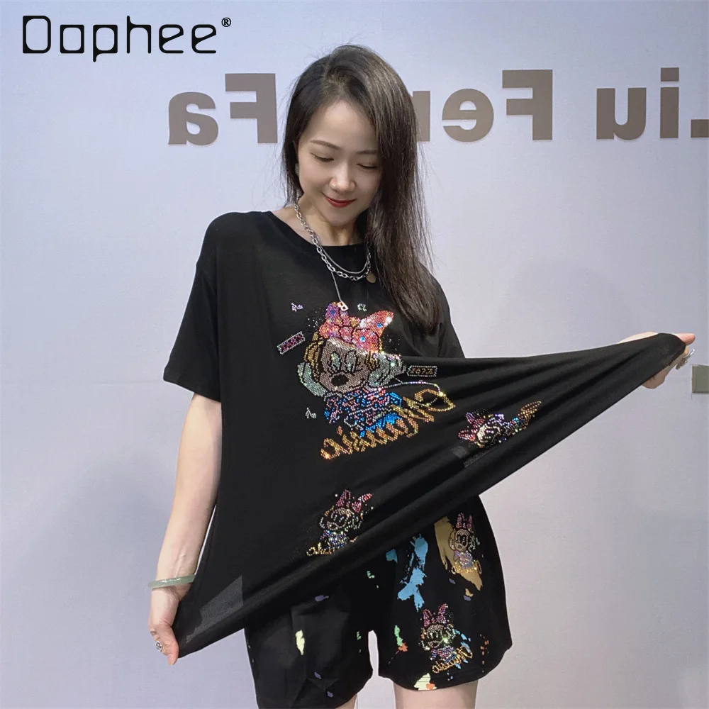 Women's Shorts Sets Round Neck Ribbed Cotton Cartoon Rhinestone Short Sleeve T-Shirt + Shorts Casual Sportswear Two-Piece Set
Women's Shorts Sets Round Neck Ribbed Cotton Cartoon Rhinestone Short Sleeve T-Shirt + Shorts Casual Sportswear Two-Piece Set