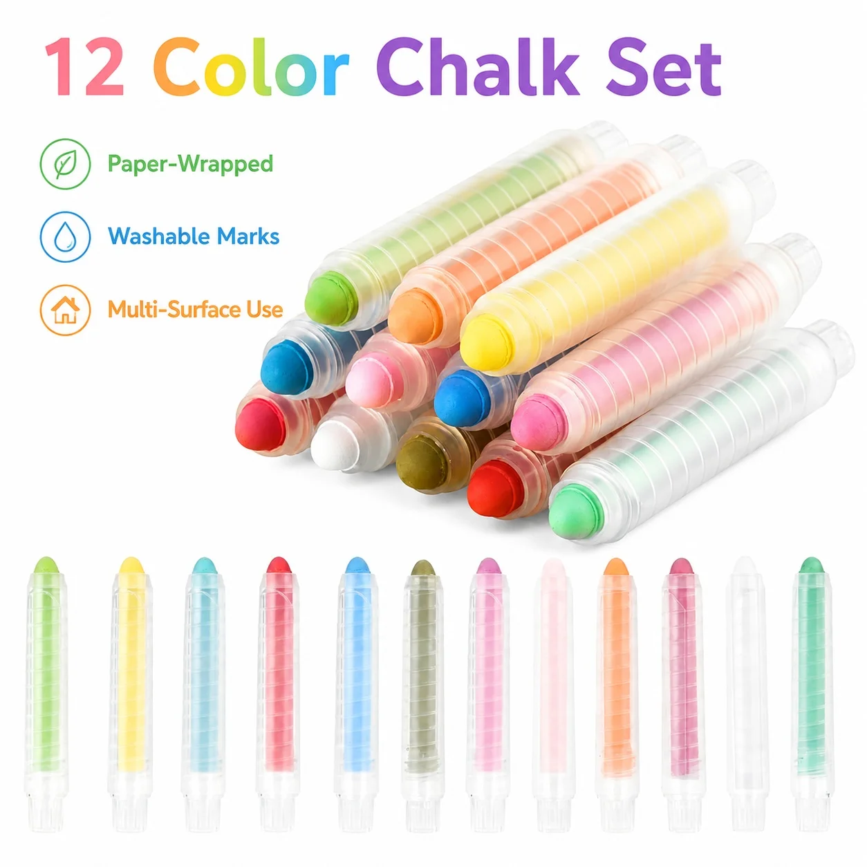 Paper-Wrapped Chalk 12-Color Set, Washable Temporary Marks for Blackboards, Chalkboard Paint, Schools, Camps, Outdoor Murals
Paper-Wrapped Chalk 12-Color Set, Washable Temporary Marks for Blackboards, Chalkboard Paint, Schools, Camps, Outdoor Murals