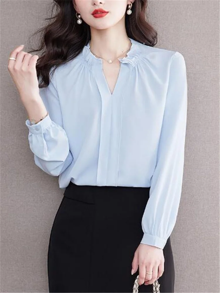Ruffle Blouses Fashion Women's Pullover Professional Ldies Whirt Shirt V-neck Long Sleeve Fungus Satin Office Lady Casual Shirts
Ruffle Blouses Fashion Women's Pullover Professional Ldies Whirt Shirt V-neck Long Sleeve Fungus Satin Office Lady Casual Shirts