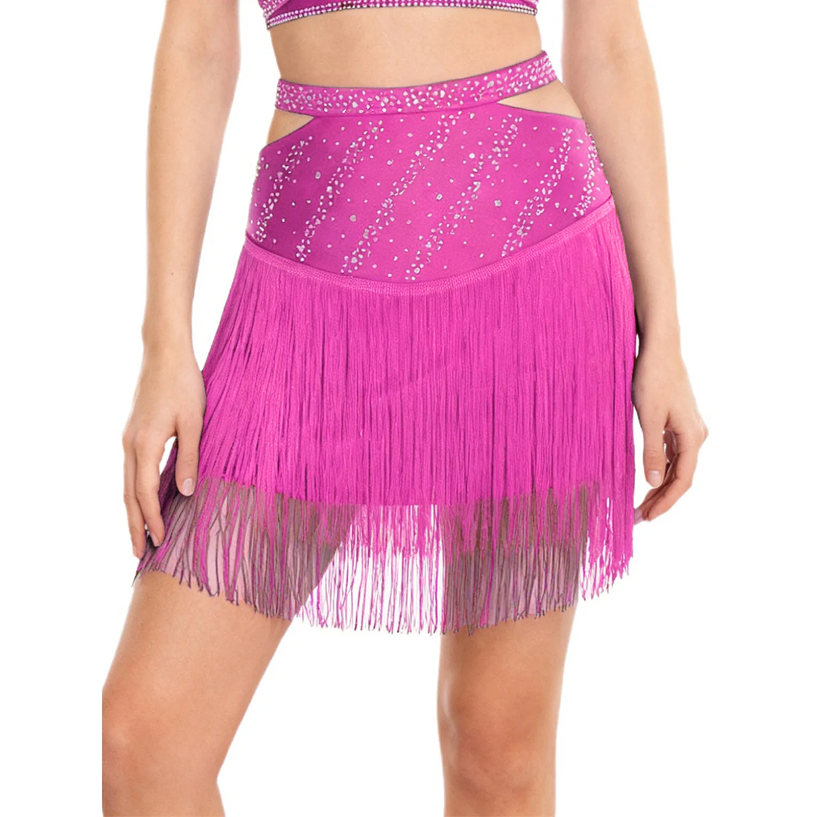 Women Rumba Salsa Cha-Cha Latin Dance Costume Performance Dancewear Cutout Elastic Waistband Rhinestones Fringed Tassels Skirt
Women Rumba Salsa Cha-Cha Latin Dance Costume Performance Dancewear Cutout Elastic Waistband Rhinestones Fringed Tassels Skirt