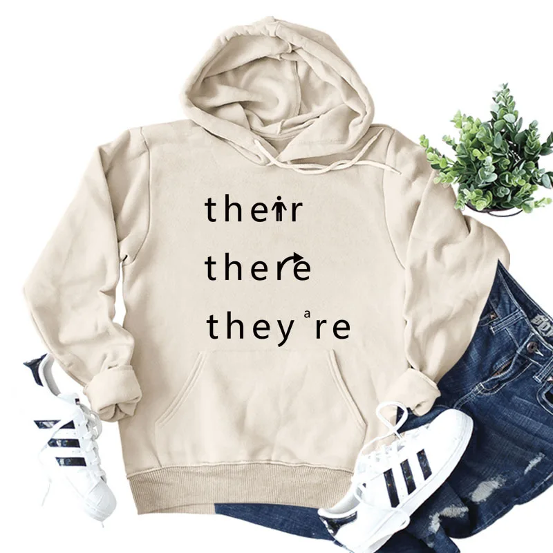Their There They're Lettered Print Sleek Loose Hooded Sweatshirt for Women In A Simple Fall/Winter Top for Comfort
Their There They're Lettered Print Sleek Loose Hooded Sweatshirt for Women In A Simple Fall/Winter Top for Comfort
