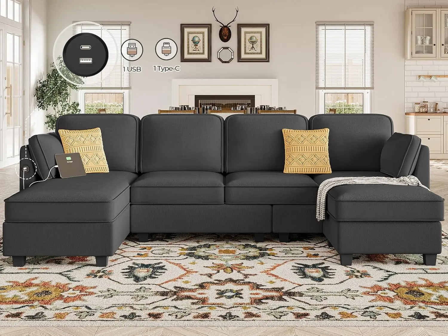 Sectional Sofa with Storage, Convertible U Shaped Sofa with Large Reversible Chaise, Linen Fabric Modular Sofa with 2 Pillows
Sectional Sofa with Storage, Convertible U Shaped Sofa with Large Reversible Chaise, Linen Fabric Modular Sofa with 2 Pillows